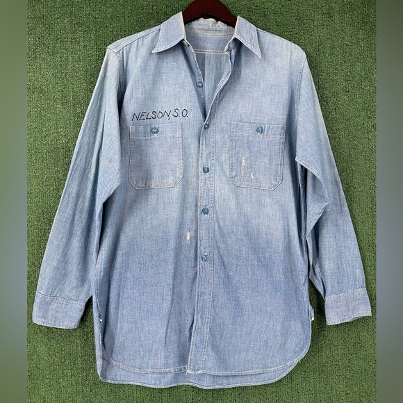 Vintage 1940's WW2 US Navy Chambray Button Up Work Shirt Named Men’s Size Large